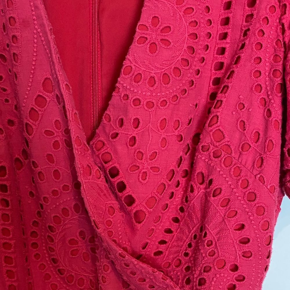 Badgley Mischka Eyelet Belted Vneck Midi Dress Red Raspberry Pink Puff Sleeve 4 - Picture 6 of 8